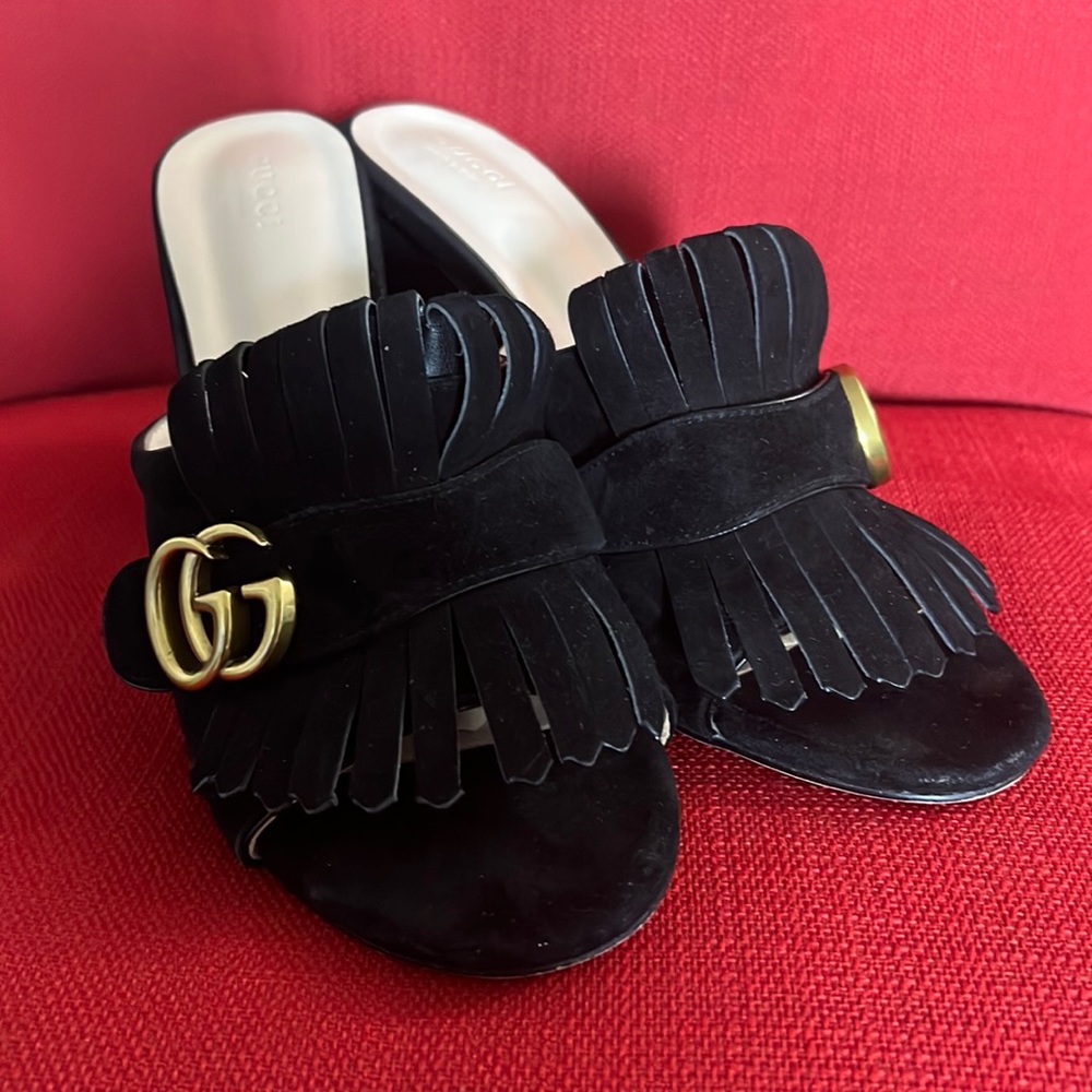 Gucci Black Suede GG Marmont Fringe mules size 42